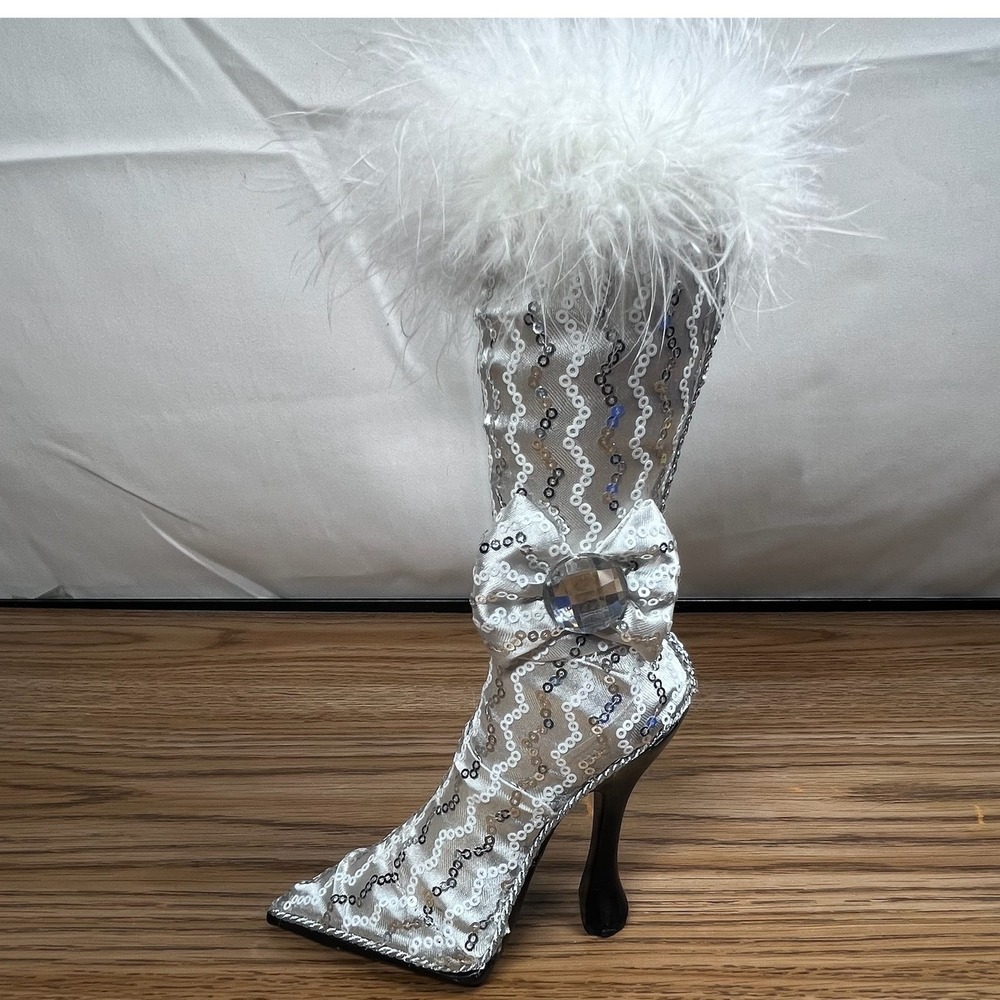 Silver Sequin High Heel Boot Coin Bank Faux Feather Trim Rhinestone Bow Glam Y2K